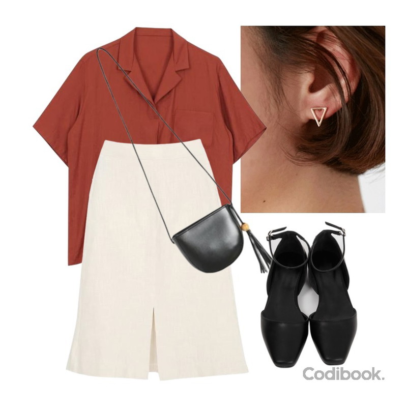 myblin 심플 6Set 귀걸이,myblin 린넨 앞 트임 미디 스커트 (4color),biznshoe No button collar shirt (3color)등을 매치한 코디
