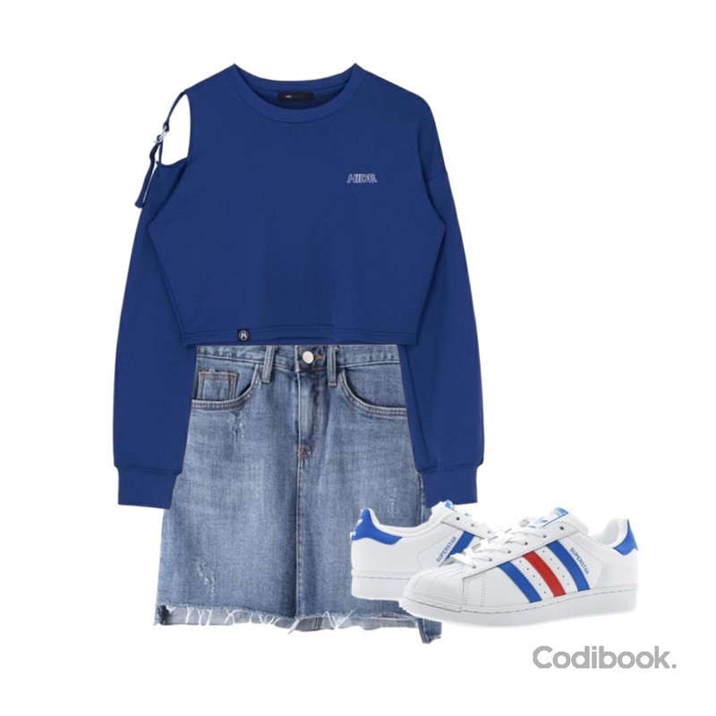 MIXXMIX HIDE Strap Ring Shoulder T-shirt,Reine 큐니스 언발 컷팅 데님 스커트,Player 아디다스 슈퍼스타 화이트블루레드 (ADIDAS SUPERSTAR)등을 매치한 코디