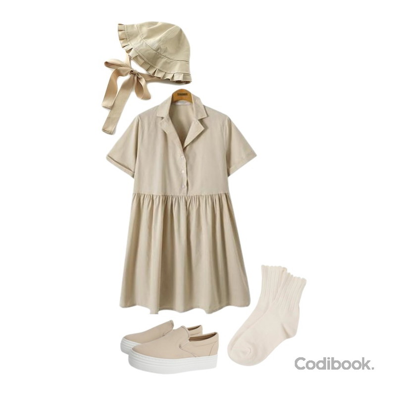 MIXXMIX HIDE Buckle Webbing Belt,Reine 르핀 카라 원피스,Reine 메르헨 프릴 벙거지등을 매치한 코디