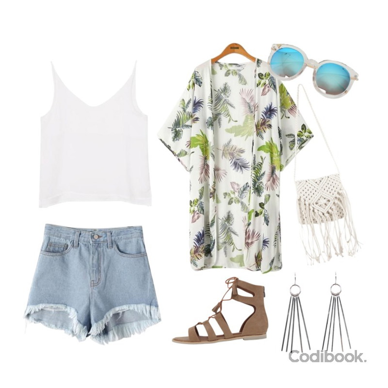 biznshoe V-neck sleeveless (2color),Reine 크레이드 데님 숏 팬츠,Reine 써밋 몰디브 로브 가디건등을 매치한 코디