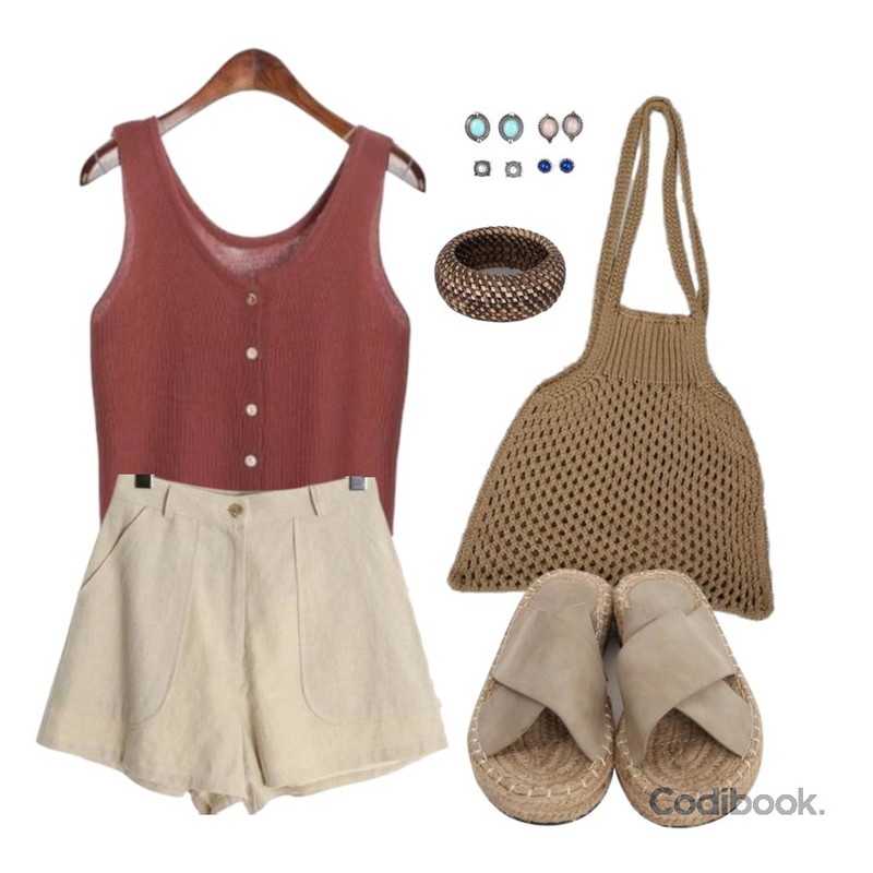 Zemma World Net knit (bag),ROCOSIX natural color linen shorts,ROCOSIX button knit sleeveless등을 매치한 코디
