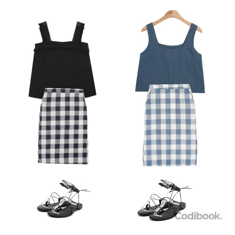 AIN square neck sleeveless (3 colors),AIN tassel detail mini linen sleeveless (3 colors),AIN big check H-line skirt등을 매치한 코디