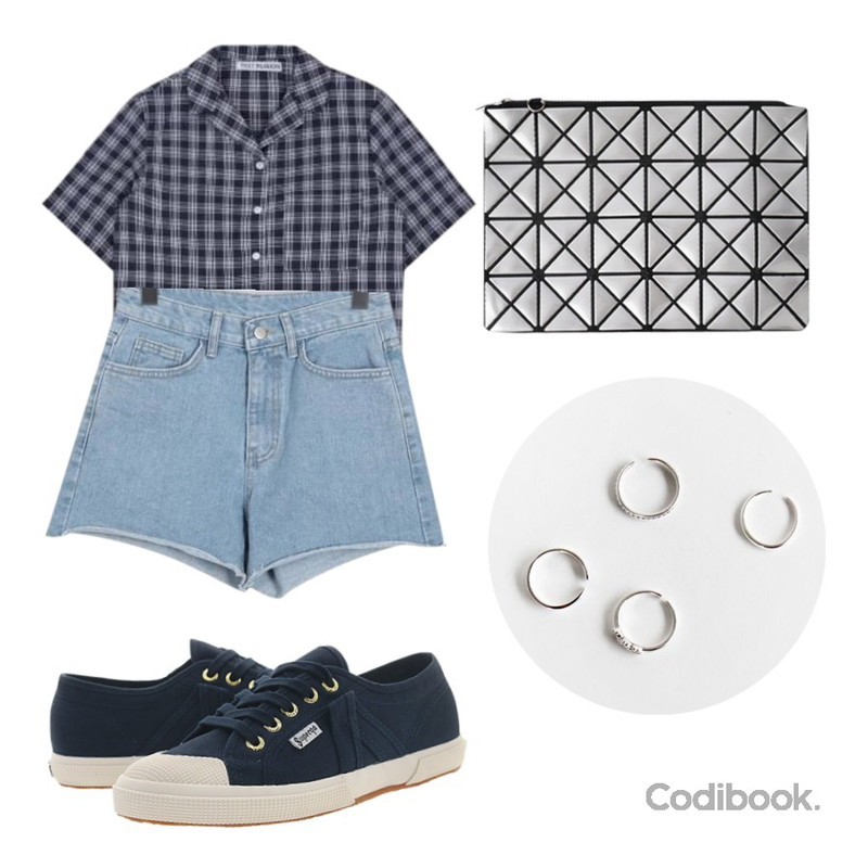 biznshoe Miyake clutch (3color),MIXXMIX 더블 카라 체크 셔츠,From Beginning Truck fringe denim shorts_K(size : S,M,L)등을 매치한 코디