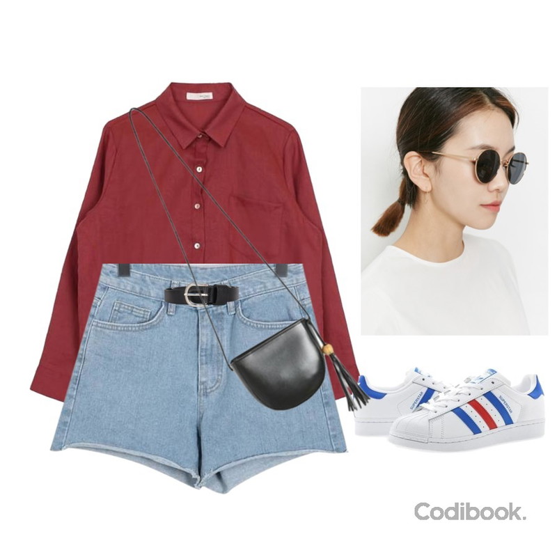 From Beginning Bow frame sunglass_P (size : one),From Beginning Truck fringe denim shorts_K (size : S,M,L),biznshoe Basic linen shirt (6color)등을 매치한 코디