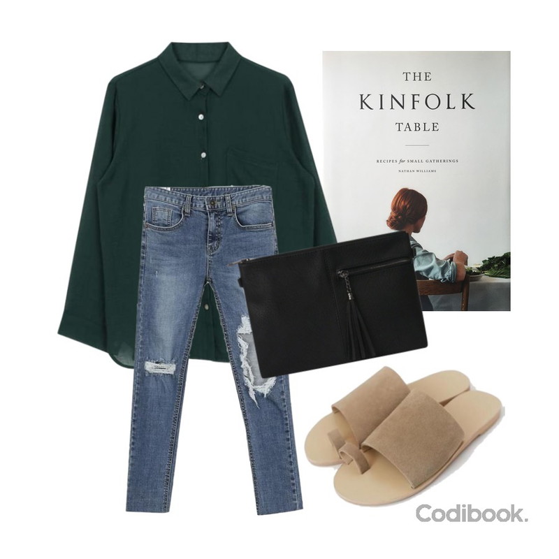 kinfolk table,AWAB 젤리나찢청일자팬츠,biznshoe See-through shirt (4color)등을 매치한 코디