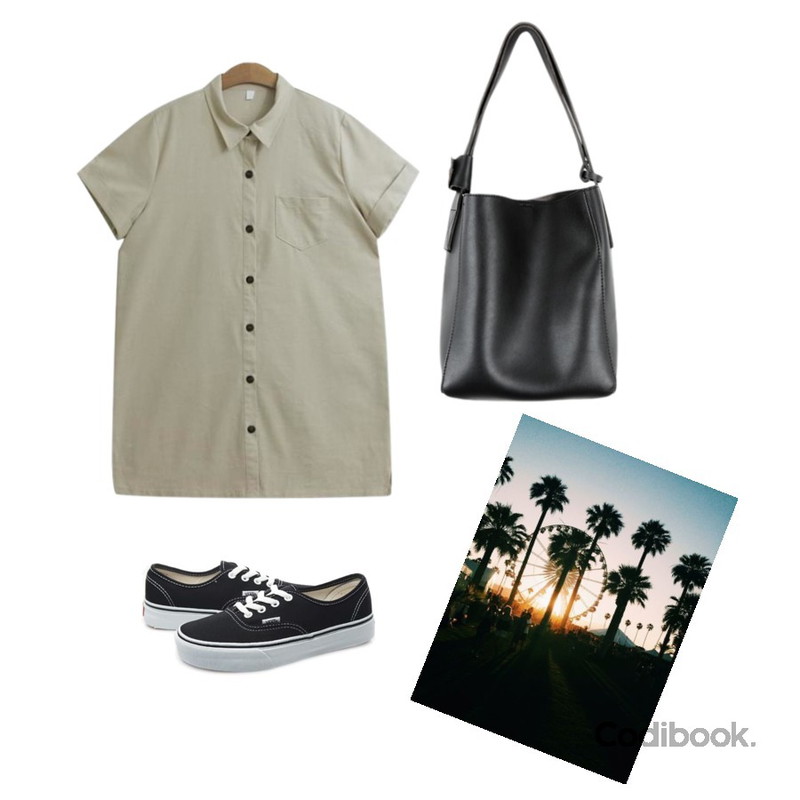 themepark,TODAY ME [dress]미뉴 원피스(린넨 반팔 오픈 카라 롤업 셔츠ops),Player 반스 어센틱 블랙 (VANS AUTHENTIC BLACK)등을 매치한 코디