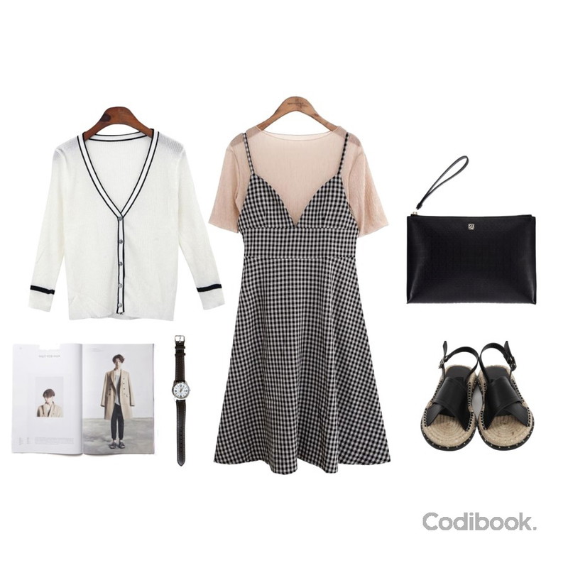 BANHALA [윤지 PICK] 라인 가디건,43,common unique [OPS] WRINKLE BLOUSE BUSTIER OPS등을 매치한 코디