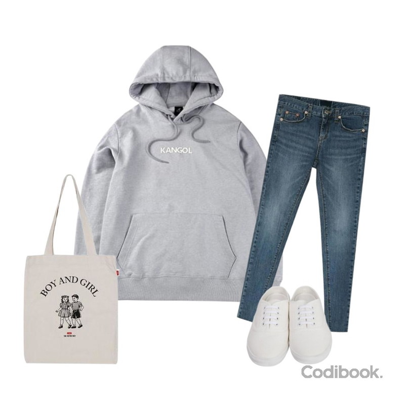 From Beginning Cotton sneakers mule_S (size : 225,230,235,240,245,250),BANHARU natural washing skinny jean,Player 캉골 베이직 타이포 로고 후드 5111 그레이 (Kangol Basic Typo Logo Hoody 5111 Grey)등을 매치한 코디