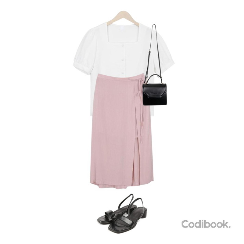 myblin 레이디 스퀘어넥 반팔 블라우스 (3color),myblin 레이어드 랩 리본 스커트 (3color),ROCOSIX plane strap sandal등을 매치한 코디