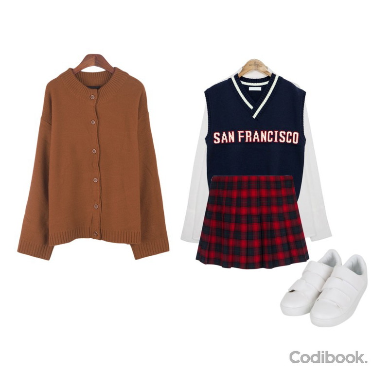 BANHALA 끌림 가디건,common unique [OUTER] SAN FRANCISCO LETTERING KNIT VEST,From Beginning Fresh basic cuffs shirts_B (size : free)등을 매치한 코디