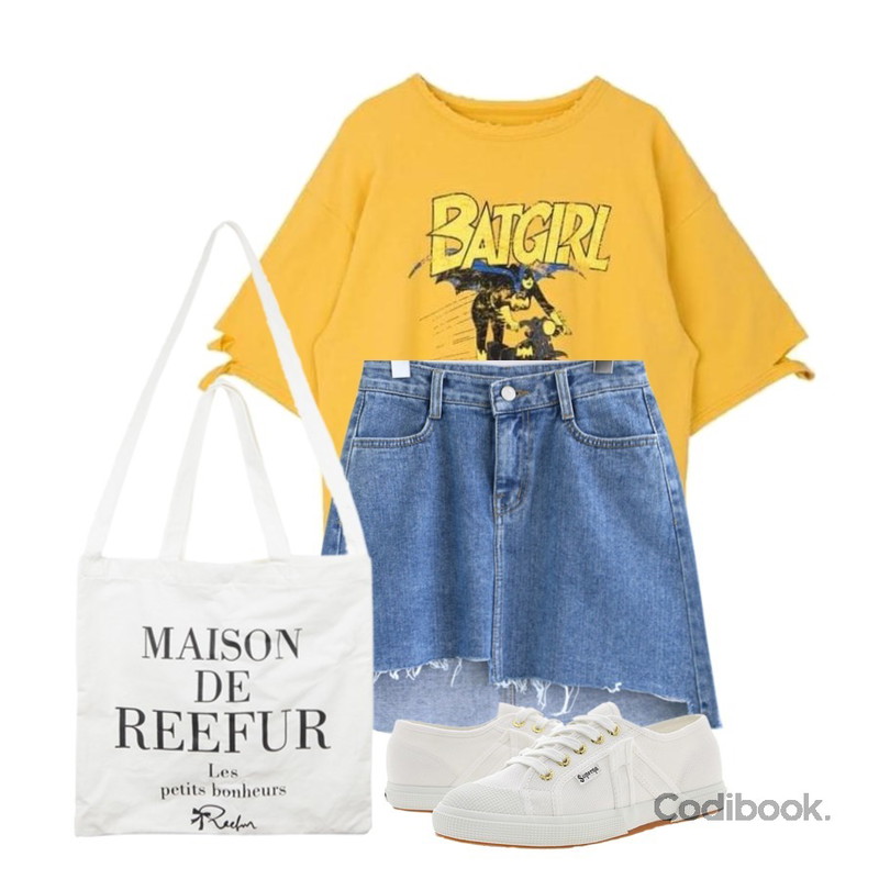 Player 수페르가 2750 알렉스 센츄리 화이트 (SUPERGA 2750 AEREX CENTURY WHITE),common unique [SKIRT] UNBAL 3COLOR DENIM SKIRT,MIXXMIX 배트걸 프린팅 티셔츠등을 매치한 코디