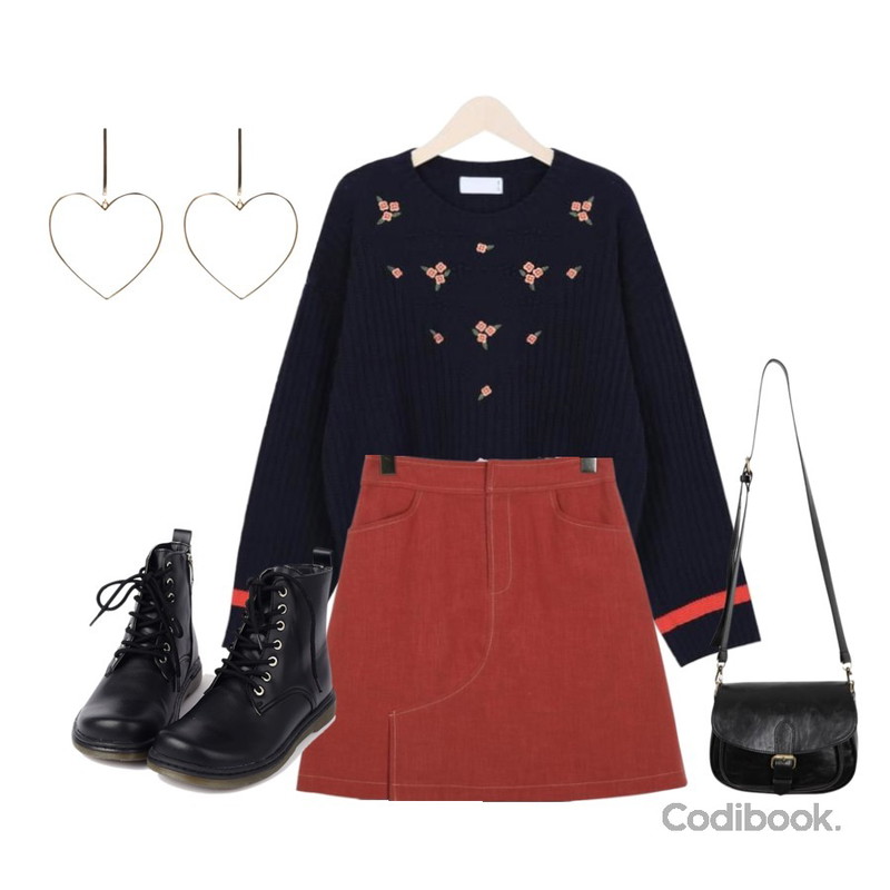 BANHALA 클라렌 슈즈,myblin 꽃자수 다이아 패턴 니트,From Beginning Made_bottom-118_stitch ramie skirt (size : S,M)등을 매치한 코디