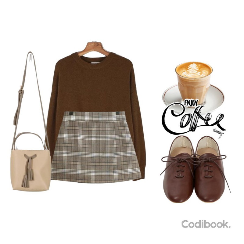 TODAY ME [skirt]페일 스커트(체크 미니 랩 치마바지),daily monday Unbalance round wool knit,From Beginning Two-tone tassel mini bag_K (size : one)등을 매치한 코디