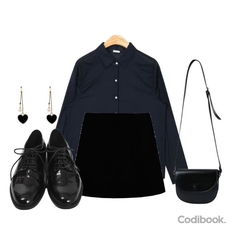 myblin 버튼 라운딩 미니 크로스 백,AIN rody soft thin shirts,BANHALA 세미심플 스커트등을 매치한 코디