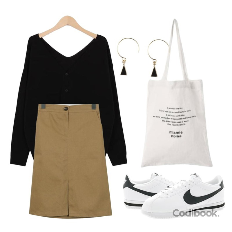 From Beginning Mild v-neck knit&cardigan_H (size : free),Player 나이키 코르테즈 베이직 레더 화이트 블랙 (NIKE CORTEZ BASIC LEATHER),From Beginning Bio cotton banding skirt_M (size : free)등을 매치한 코디