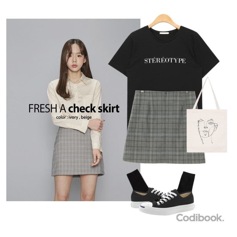 AIN FRESH A check skirt (2 colors),AIN stereotype typo T (4 colors),UPTOWN HOLIC 마네트 체크 sk (*2color)등을 매치한 코디