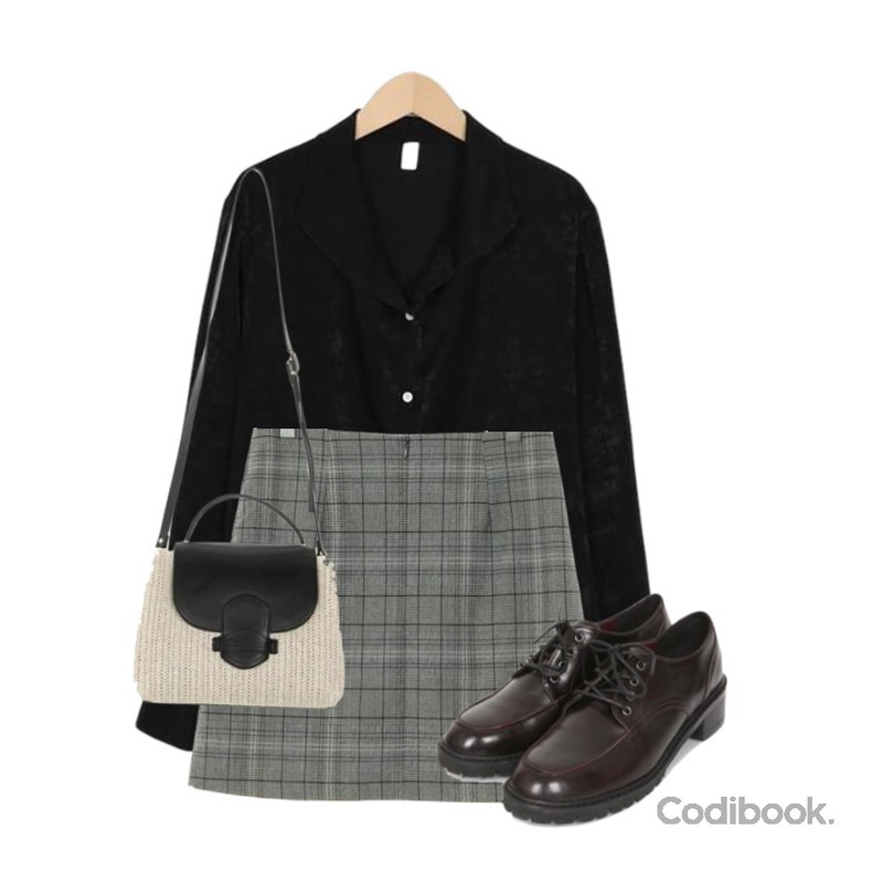 AIN casual mannish loafer (2 colors),From Beginning Satin wide collar blouse_S (size : free),UPTOWN HOLIC 마네트 체크 sk (*2color)등을 매치한 코디