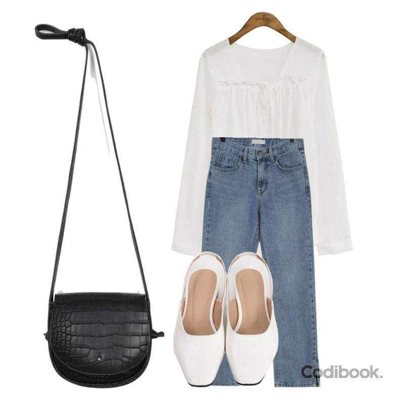 From Beginning Crack leather mini bag_M (size : one),From Beginning Slit loose-fit denim_B (size : S,M,L),common unique [TOP] MARIE FRILL BLOUSE등을 매치한 코디