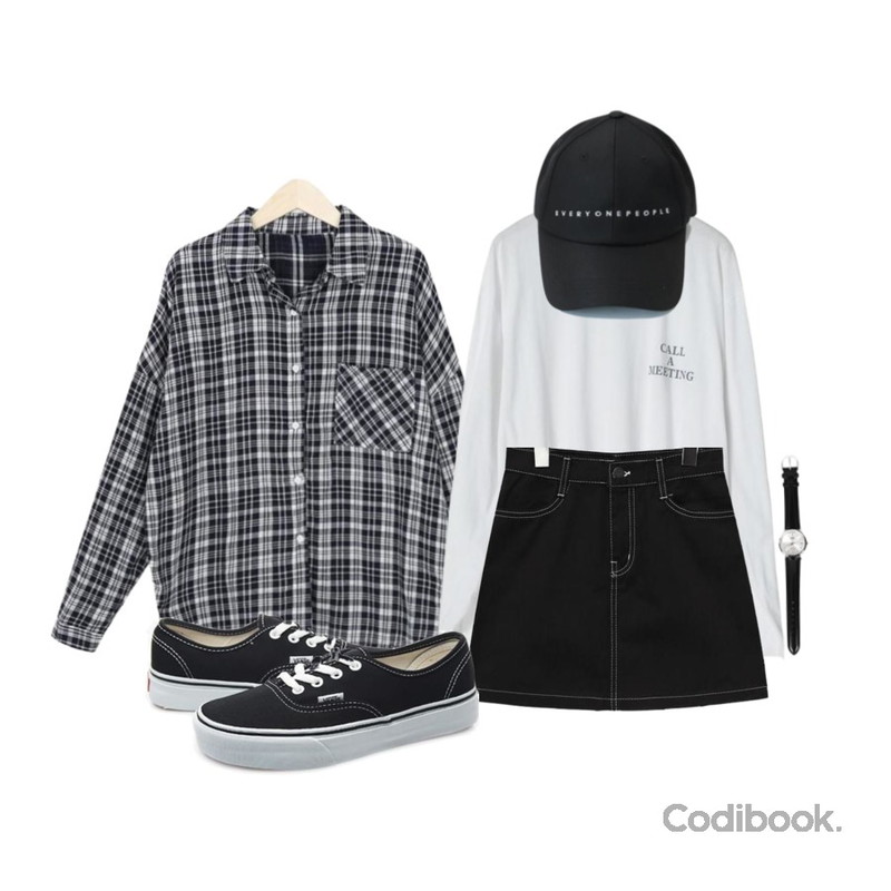 myblin 더블 체크 언발 셔츠,common unique [SKIRT] FAY STITCH MINI SKIRT,OBBANG STYLE 콜어미팅티셔츠등을 매치한 코디