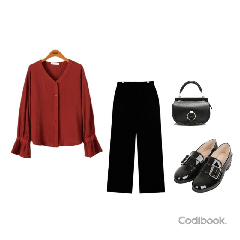 BULLANG GIRL 로즈버클로퍼,AIN cool straight long slacks (2 colors),Reine 로멜 브이넥 프릴 블라우스등을 매치한 코디