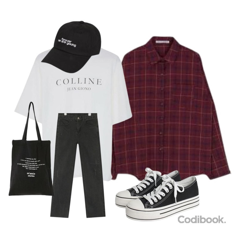 AIN nice fit straight pants (s, m, l),Zemma World Colline-프린팅티셔츠[size:44~66 / 6color],MIXXMIX 멜팅 체크 셔츠등을 매치한 코디