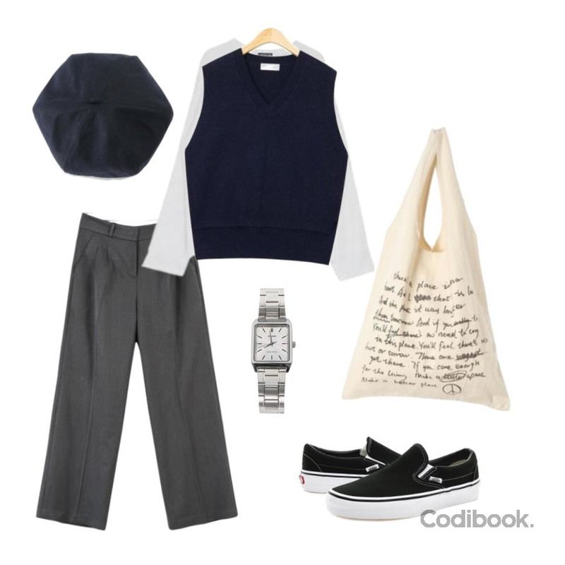 Player 반스 클래식 슬립온 검흰 (CLASSIC SLIP-ON BLACK),MINIBBONG [17FW_slacks series] 핀턱 와이드슬랙스,MIXXMIX Just Go With The Flow Top등을 매치한 코디