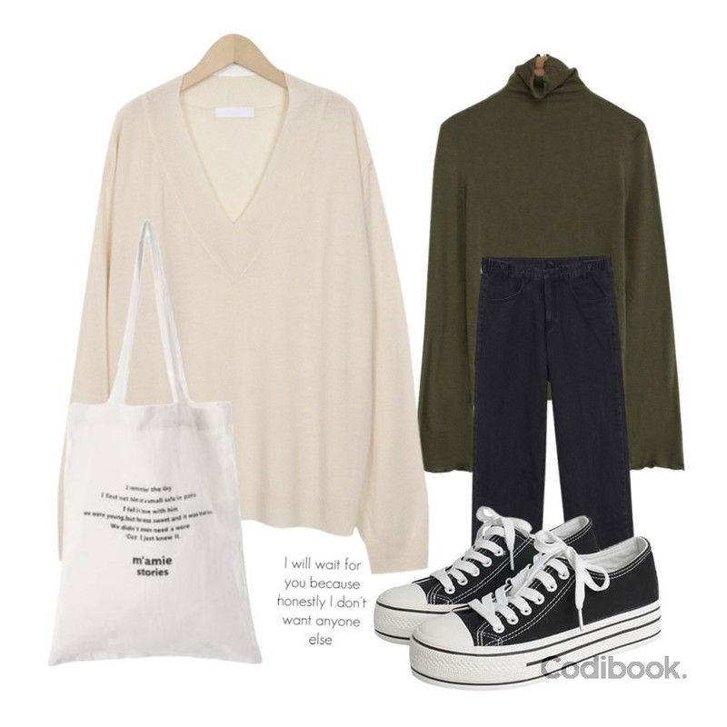common unique [TOP] AIDA RUFFLE TURTLE NECK T,From Beginning Sleepy V boxy knit_K (size : free),biznshoe Black denim retro pants등을 매치한 코디
