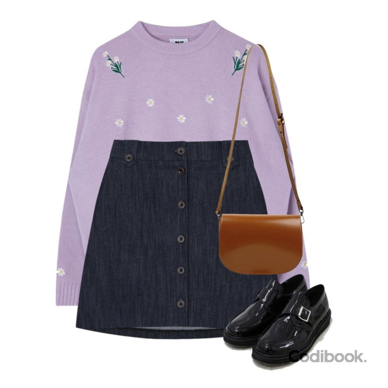MIXXMIX 플라워 자수 니트,biznshoe Half-moon bag (5color),myblin 버티컬 워싱 버튼 미니 스커트등을 매치한 코디