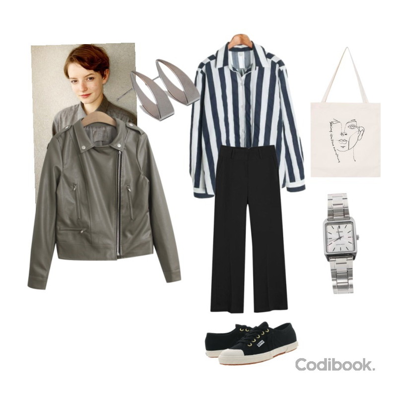 Player 수페르가 2750 알렉스 센츄리 블랙 (SUPERGA 2750 AEREX CENTURY BLACK),BANHALA [기솔 PICK] 트와일 슬랙스,ROCOSIX bold stripe cotton shirts등을 매치한 코디
