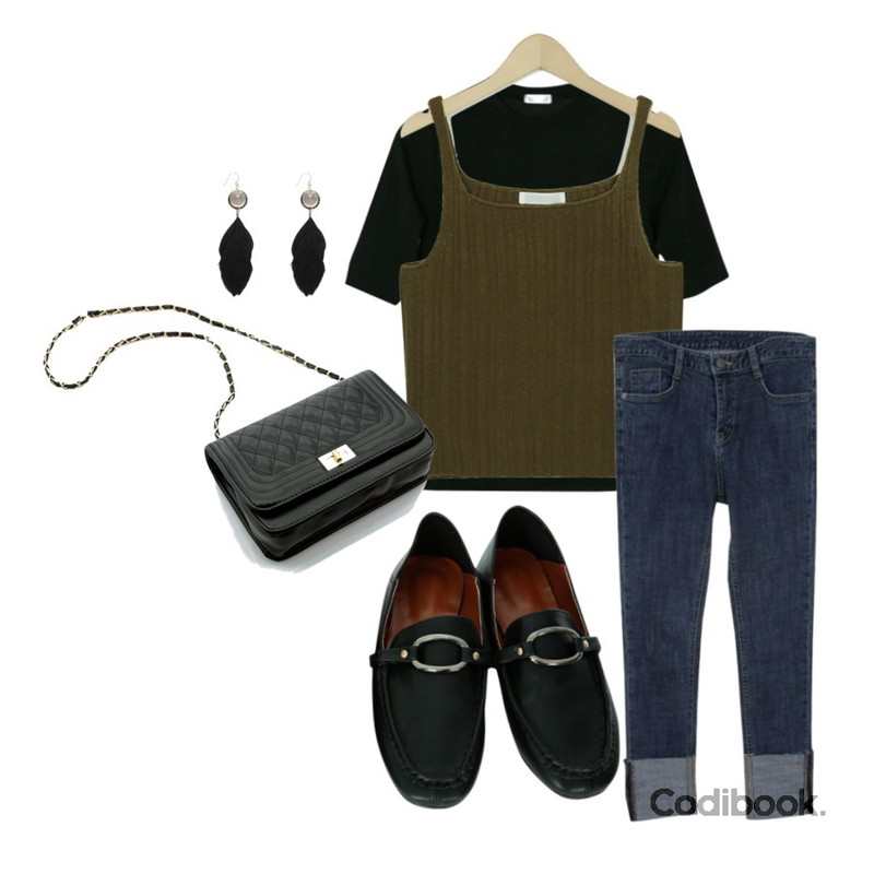Zemma World Allday-데님롤업팬츠[size:S,M,L / 1color],From Beginning Margaret knit bustier_H (size : free),BANHARU sugar basic tee등을 매치한 코디
