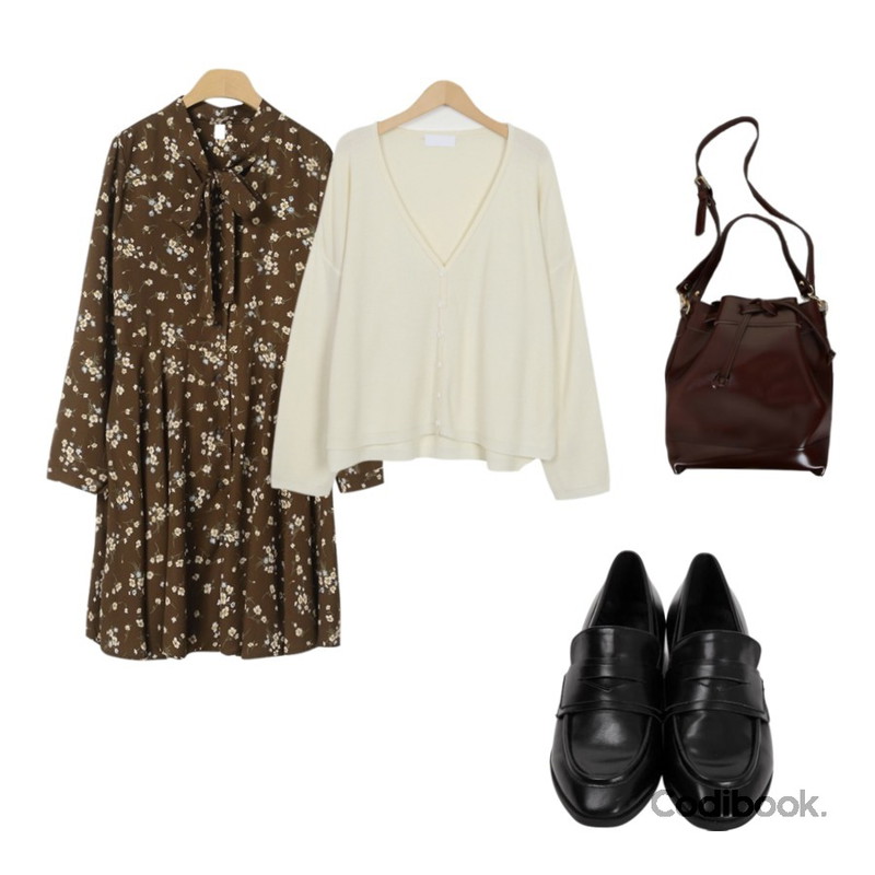 From Beginning Clazzi penny loafer_K (size : 230,235,240,245,250),From Beginning Beetle V knit cardigan_M (size : free),OBBANG STYLE 플랑리본플라워원피스등을 매치한 코디