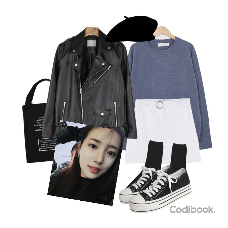 BANHALA 솔깃한 스커트,From Beginning Material terms eco bag_M (size : one),From Beginning Marina color raglan knit_K (size : free)등을 매치한 코디
