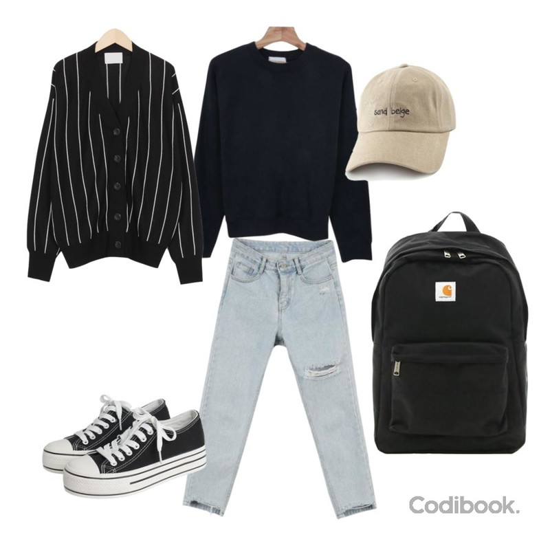 MINIBBONG 크래커 연청 슬림배기팬츠,From Beginning Vertical line knit cardigan_M (size : free),Zemma World (ZEM.made) PLAIN-맨투맨 (ver.스탠다드핏)[size:44~66 / 4color]등을 매치한 코디