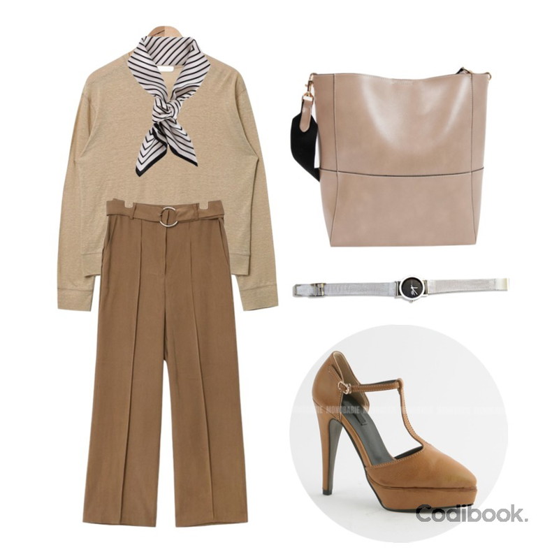 Monobabie [RP0331] 라떼아Mustard/Khaki/Brown/Black 12cm,AIN linen summer mtm T (5 colors),AIN O-ring belt point slacks (3 colors)등을 매치한 코디