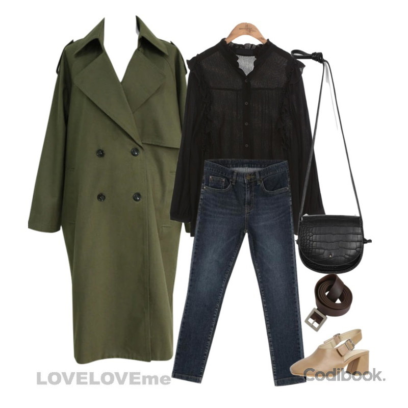 CHLO.D.MANON 딥한매력 딥블루스키니진,common unique [OUTER] DOROTHY COTTON TRENCH COAT,common unique [TOP] LANY FRILL BLOUSE등을 매치한 코디