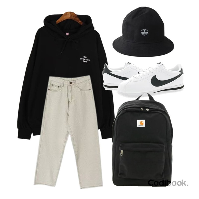 Dailyco 문라이트후드-hd,BLINGIT 베이직일자데님팬츠,Player 나이키 코르테즈 베이직 레더 화이트 블랙 (NIKE CORTEZ BASIC LEATHER)등을 매치한 코디