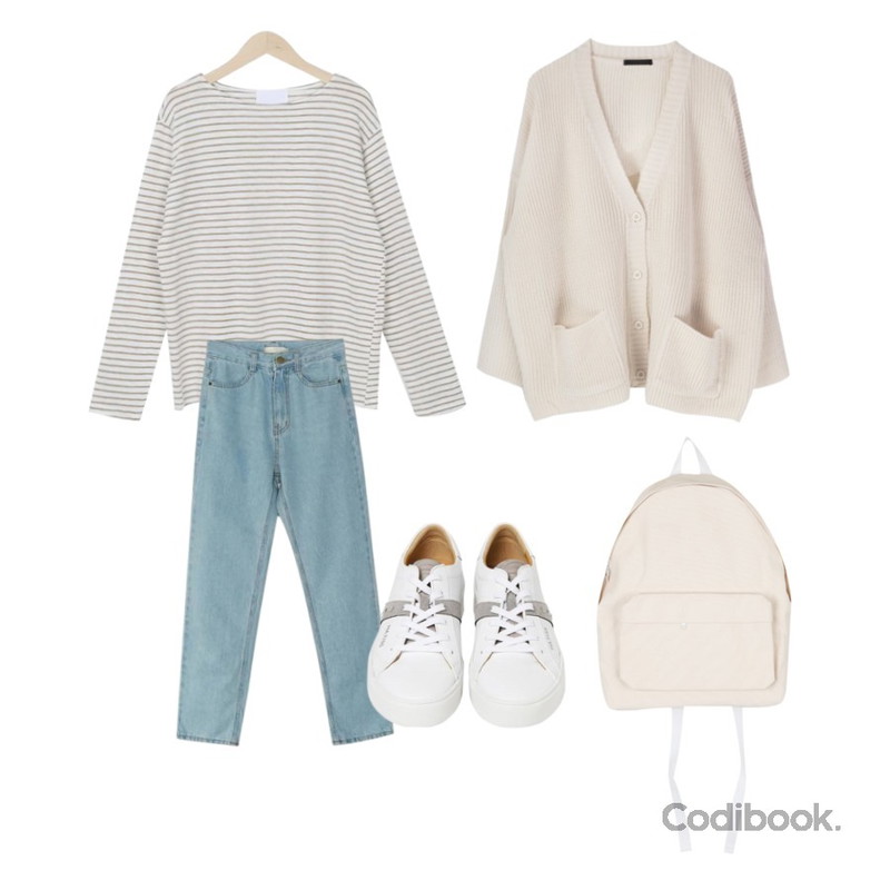 MIXXMIX 야트 하찌 가디건,BANHARU light blue boyish jean,myblin 얇은 스트라이프 보트넥 티등을 매치한 코디
