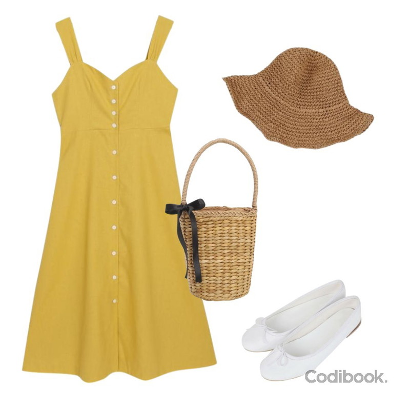 Zemma World 화이트-플랫 (shoes),From Beginning Corn ribbon basket bag_H (size : one),myblin 매력 뒤태 롱 버튼 원피스등을 매치한 코디