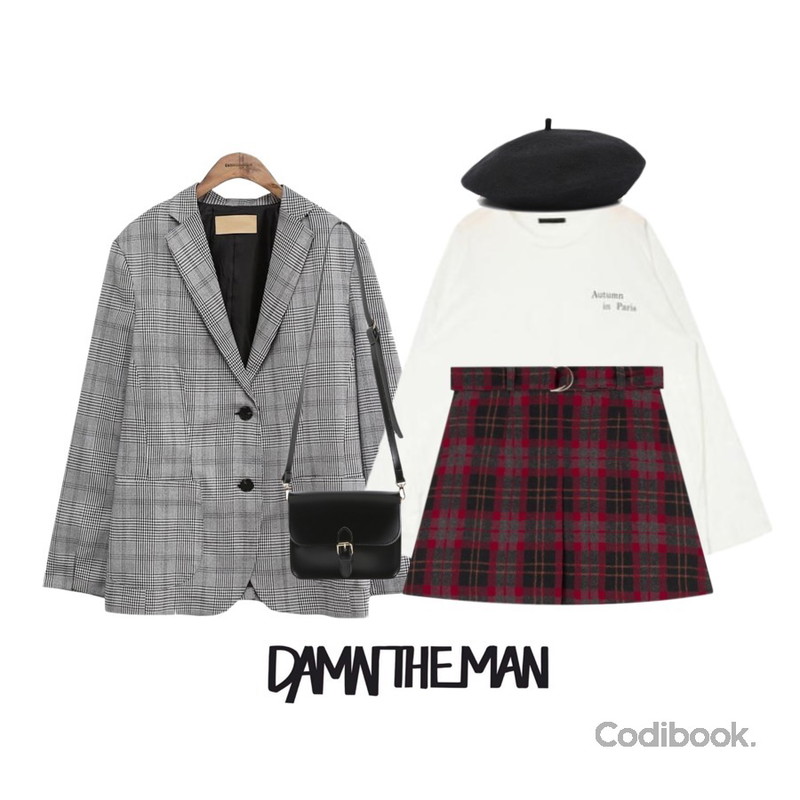 MIXXMIX 체크 슬릿 스커트,common unique [OUTER] 2 TYPE BOBO TAILORED JACKET,AIN autumn over lettering T등을 매치한 코디