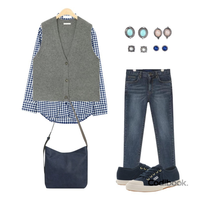 AIN slim skinny denim pants (25-29),AIN warm button knit vest,BANHALA 깅엄체크 남방등을 매치한 코디