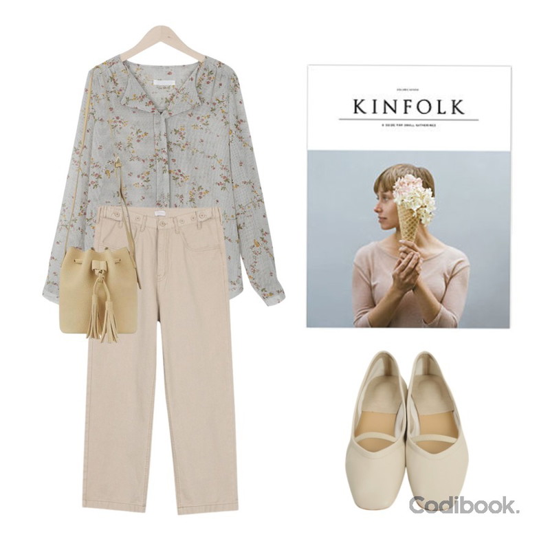 From Beginning Ballet banding toe shoes_H (size : 225,230,235,240,245,250),biznshoe Beige denim retro pants,myblin 타이니 도트 플라워 블라우스 (3color)등을 매치한 코디