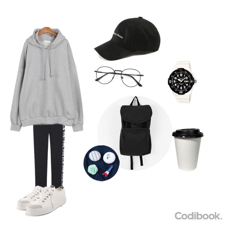 BANHALA 포유 레깅스,BANHALA 남친설렘 후드티,ROCOSIX daily chunky sneakers등을 매치한 코디