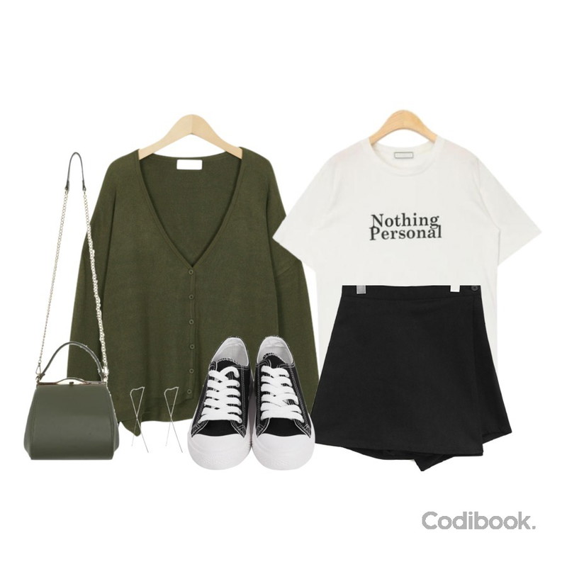 AIN nothing personal daily T,From Beginning Beetle V knit cardigan_M (size : free),common unique [SKIRT] 6 COLOR MIA WRAP PANTS SKIRT등을 매치한 코디