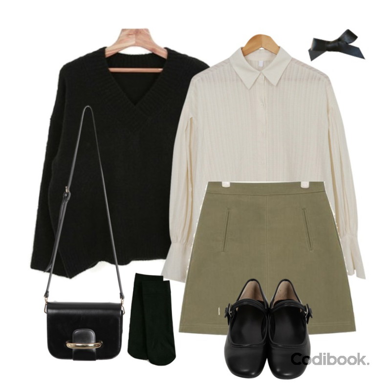 Zemma World 파우더 (knit),AWAB 퍼프크랙셔츠,AIN daily tension skirt (s, m)등을 매치한 코디