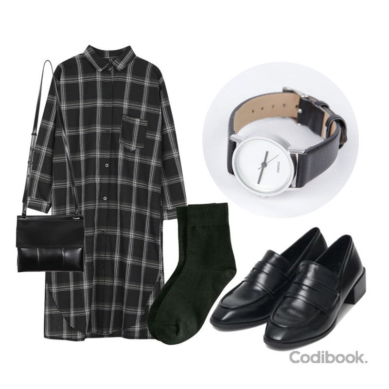 AIN autumn simple daily loafer (225-250),BANHARU season color socks,BANHALA 포켓체크 셔츠원피스등을 매치한 코디
