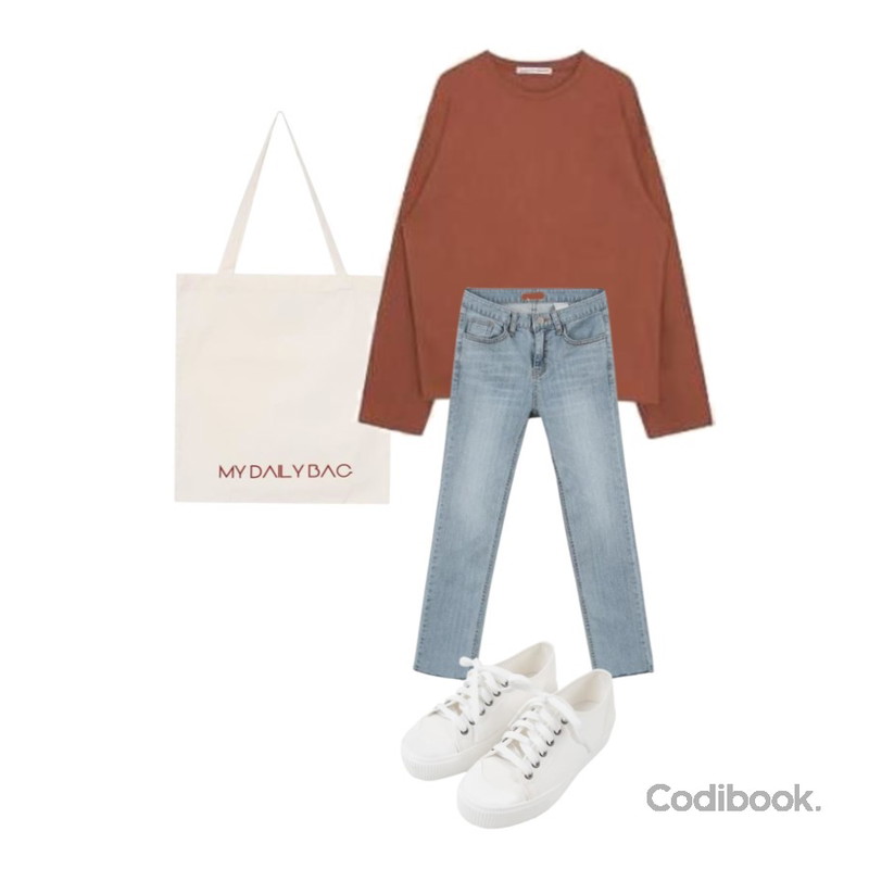 biznshoe Daily eco bag (2color),MINIBBONG 델타 연청일자바지,MIXXMIX 서울 와이드 탑(20)등을 매치한 코디