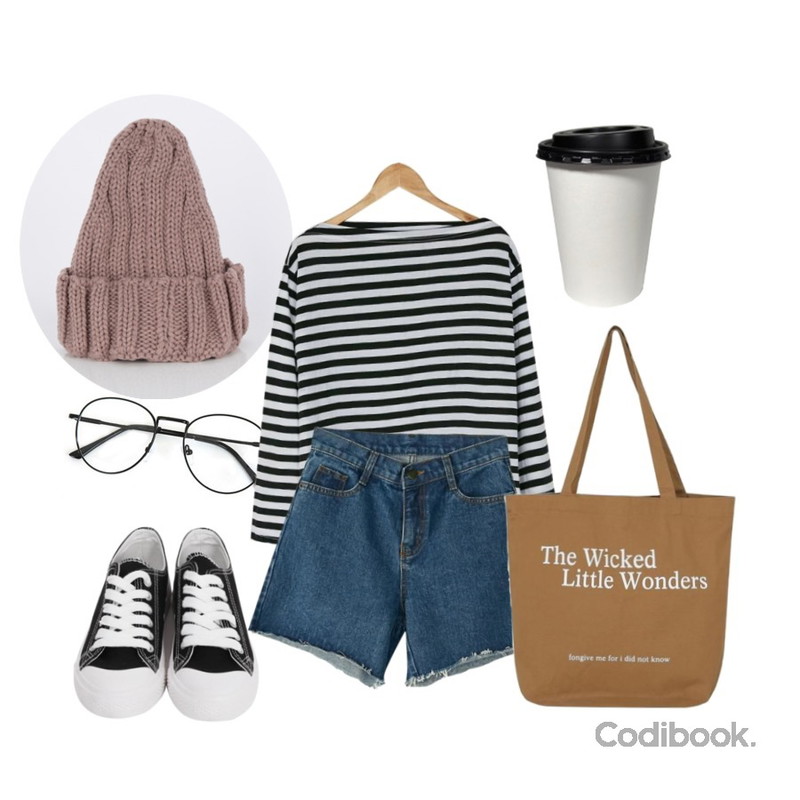 Zemma World 프레임 (안경),MIXXMIX 심플 컬러 데일리 비니,BANHARU boat neck stripe tee등을 매치한 코디