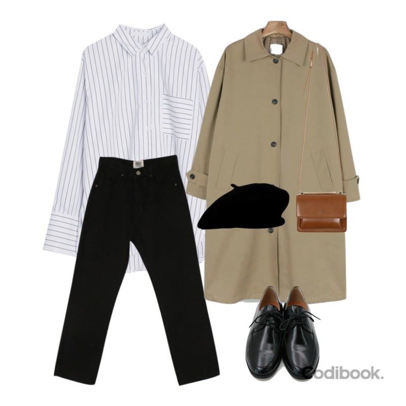 daily monday Single button basic trench coat,BANHALA [기솔 PICK] 배럴즈 셔츠,MESMIN 콤마 코튼 팬츠 (2color)등을 매치한 코디
