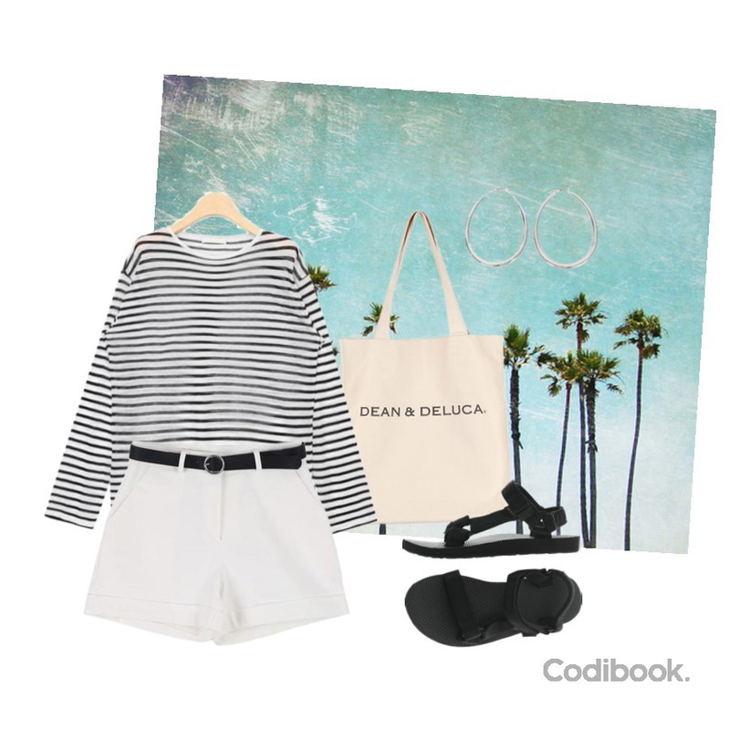 palm_vintage,BANHALA 딘딘 에코백,AIN lucky stripe summer long T (5 colors)등을 매치한 코디