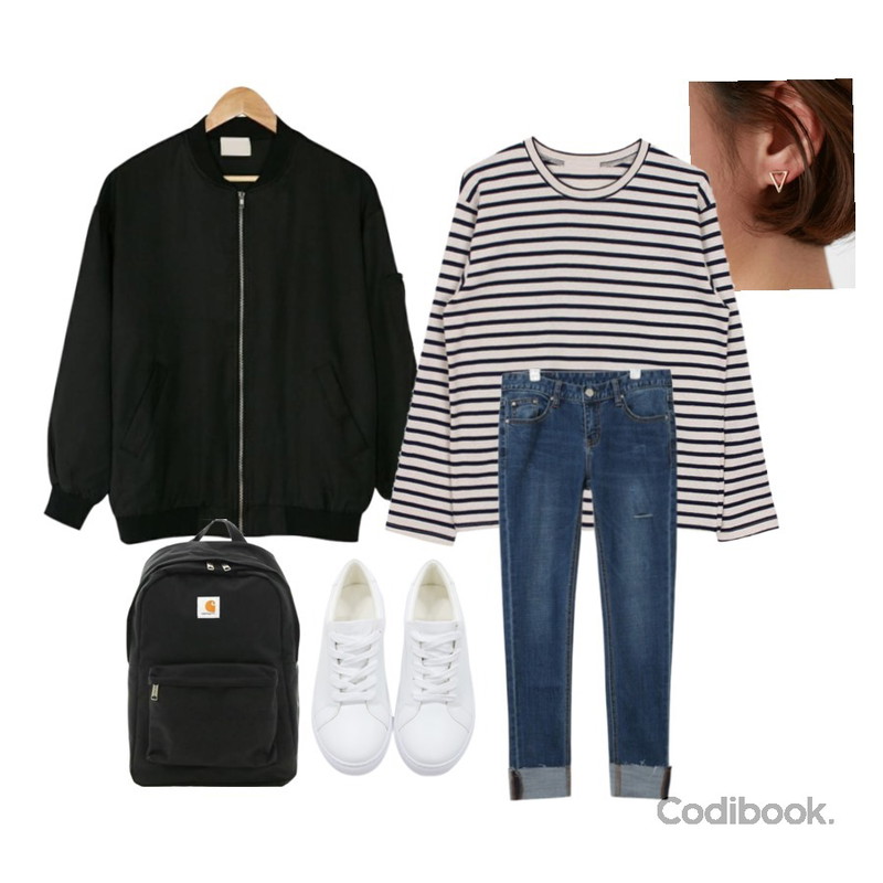 myblin 심플 6Set 귀걸이,BANHARU normal boxy fit blouson,biznshoe Round stripe tee (3color)등을 매치한 코디